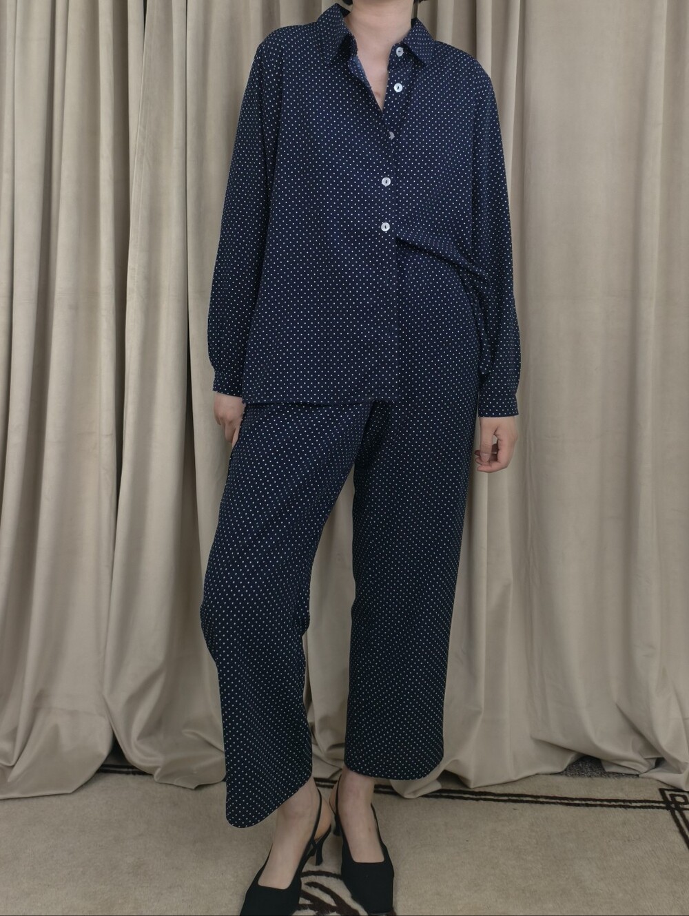 Vintage Navy and White Polka Dot Button-Up Pajama Set